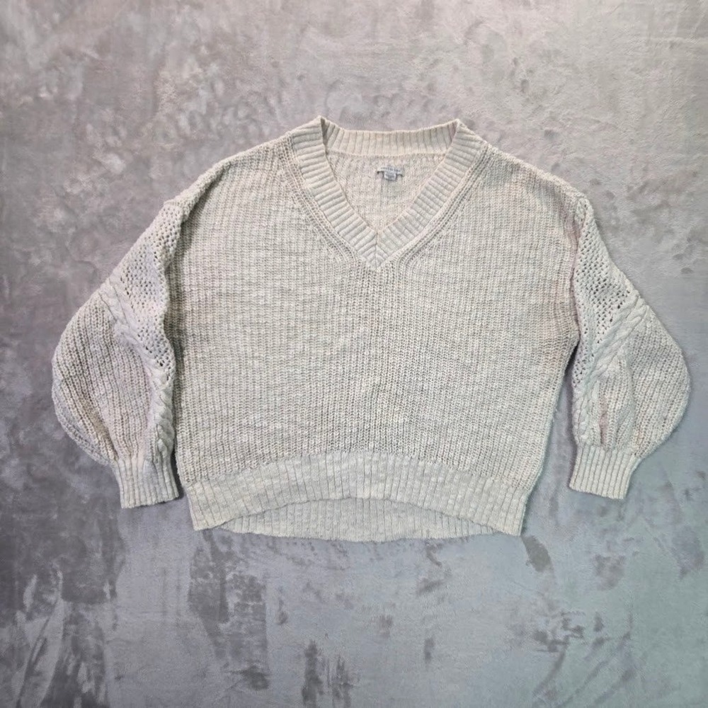 American Eagle Womens XL Cream Chunky Knit Cable Sleeve V-Neck Sweater Cotton